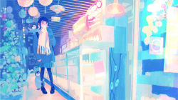 Rule 34 | 1girl, bird, black footwear, blue eyes, blue sweater, covered mouth, glowing, lantern, long sleeves, original, penguin, scarf, shoes, solo, standing, sweater, tabisumika, white scarf, wide shot