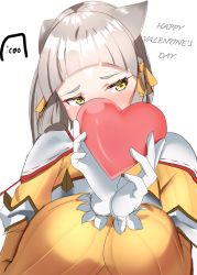 Rule 34 | 1girl, animal ears, blunt bangs, bodysuit, cat ears, facial mark, gloves, highres, icoo, nia (xenoblade), short hair, signature, silver hair, simple background, solo, valentine, white background, white gloves, xenoblade chronicles (series), xenoblade chronicles 2, yellow bodysuit, yellow eyes