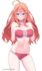 Rule 34 | 1girl, absurdres, ahoge, bare arms, bare shoulders, bikini, blue eyes, breasts, cleavage, commission, cowboy shot, gluteal fold, go-toubun no hanayome, groin, hair ornament, hands on own chest, highres, large breasts, long hair, looking at viewer, nakano itsuki, navel, orange hair, parted lips, red bikini, simple background, solo, star (symbol), star hair ornament, stomach, strapless, strapless bikini, swimsuit, thighs, white background, yuri (chocho q)