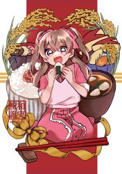 Rule 34 | 1girl, :d, absurdres, birthday, blush, bow, bowl, brown hair, chopsticks, dated, delicious party precure, dress, eating, food, fruit, hair bow, hair ornament, hair ribbon, happy birthday, highres, holding, holding food, long hair, looking at viewer, medium dress, nagomi yui, onigiri, open mouth, pink dress, pink ribbon, pink sweater vest, precure, purple eyes, ribbon, seiza, sekiguchi (mitemite mitene), short sleeves, sitting, smile, solo, soup, sweater vest, translated, two side up, vest, yellow ribbon
