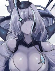 Rule 34 | 1girl, :&lt;, abyssal ship, air defense cruiser princess, blue eyes, breasts, cleavage, colored skin, hair over one eye, highres, kantai collection, large breasts, mizuchi (mizuchi7118), shiny skin, solo, upper body, white hair, white skin