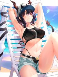 Rule 34 | 1girl, arknights, armpits, arms behind head, arms up, bare arms, bare shoulders, baseball cap, beach chair, bikini, black bikini, blue hair, blue sky, breasts, ch&#039;en (arknights), ch'en (arknights), commentary request, day, dragon horns, female tourist c (arknights), grey shorts, hat, highres, horns, horns through headwear, knee up, large breasts, looking at viewer, navel, official alternate costume, open fly, red eyes, short hair, short shorts, shorts, sky, solo, spica (spica 1510), stomach, swimsuit, thighs, white hat