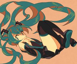 Rule 34 | 1girl, bare shoulders, black skirt, black thighhighs, blue eyes, blue hair, covering own mouth, covering privates, curly hair, detached sleeves, dutch angle, expressionless, eyelashes, floating, floating hair, full body, grey shirt, hair between eyes, hari611, hatsune miku, long hair, looking away, own hands together, pink background, pleated skirt, shaded face, shirt, simple background, skirt, solo, thighhighs, thighs, twintails, very long hair, vocaloid