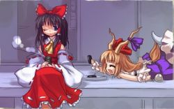Rule 34 | 2girls, ^ ^, a (phrase), alphes, blue eyes, bow, brown hair, closed eyes, cup, detached sleeves, dress, closed eyes, female focus, frilled bow, frilled dress, frilled hair tubes, frills, fume, hair bow, hair tubes, hakurei reimu, ibuki suika, immaterial and missing power, japanese clothes, jpeg artifacts, long hair, low-tied long hair, medium hair, miko, multiple girls, one eye closed, open mouth, orange hair, red bow, red dress, red ribbon, ribbon, ribbon-trimmed clothes, ribbon-trimmed dress, ribbon-trimmed sleeves, ribbon trim, shirt, shrine, sitting, skirt, skirt set, sleeveless, sleeveless dress, sleeveless shirt, teacup, touhou, white ribbon, white shirt, white sleeves, wrist cuffs