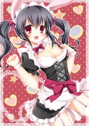 Rule 34 | 10s, 1girl, :d, animal ears, apron, black hair, blush, breasts, rabbit ears, dress, female focus, flashing, frills, garter straps, hairband, long hair, looking at viewer, love live!, love live! school idol project, maid, medium breasts, mogyutto &quot;love&quot; de sekkin chuu!, nipples, open mouth, red eyes, rinka (yuyutei), smile, solo, thighhighs, twintails, wristband, yazawa nico
