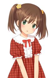 Rule 34 | 1girl, brown hair, child, flower, green eyes, hair ornament, kuro (chrono), looking at viewer, original, ribbon, solo, twintails