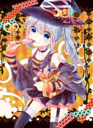 Rule 34 | 1girl, :q, alternate costume, black legwear, blue eyes, candy, carrying, choker, detached sleeves, garter straps, halloween, hat, head tilt, highres, holding, itsumizu, jack-o&#039;-lantern, lollipop, long hair, looking at viewer, mononobe no futo, ponytail, silver hair, solo, tongue, tongue out, touhou, witch hat
