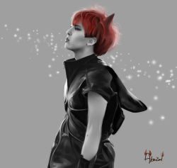 Rule 34 | 1boy, bigbang, capelet, g-dragon, gloves, horns, k-pop, male focus, monster, musician, parted lips, photorealistic, profile, realistic, red hair, single horn, sleeveless, solo