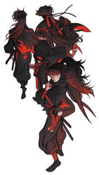 Rule 34 | 5boys, arm guards, black cape, black footwear, black headwear, black pants, black scarf, bridal gauntlets, brown hair, cape, character name, covered mouth, doi hansuke, facing away, fishnet legwear, fishnets, flame print, hair tubes, head scarf, headband, high ponytail, highres, hip vent, ine (zx o4), japanese clothes, jika-tabi, long hair, long sleeves, looking at viewer, looking back, male focus, mask, mask pull, mouth mask, multiple boys, ninja, ninja mask, pants, ponytail, print cape, puffy pants, rakudai ninja rantarou, red eyes, red ribbon, red theme, ribbon, rope, scarf, short hair, simple background, solo focus, standing, sword, two-sided cape, two-sided fabric, walking, weapon, white background, wide sleeves