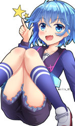 Rule 34 | 1girl, :d, ahoge, black sailor collar, black shorts, blue eyes, blue hair, blue necktie, blue shirt, blue socks, blush, commentary request, fang, frilled shorts, frills, hair between eyes, hand up, index finger raised, kantai collection, knees together feet apart, loafers, looking at viewer, minazuki (kancolle), necktie, open mouth, sailor collar, shirt, shoes, short shorts, shorts, sills, simple background, smile, socks, solo, star (symbol), twitter username, white background, white footwear