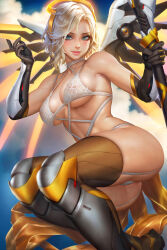 Rule 34 | 1girl, ass, blonde hair, blue eyes, boots, bra, breasts, cloud, cloudy sky, collarbone, elbow gloves, garter straps, gloves, headpiece, holding, holding staff, knee boots, looking at viewer, mechanical wings, medium breasts, medium hair, mercy (overwatch), multicolored clothes, multicolored gloves, neoartcore, nose, overwatch, overwatch 2, paid reward available, panties, skindentation, sky, solo, staff, strap, thighhighs, underwear, white bra, white panties, wings