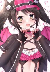 Rule 34 | 1girl, artist name, baseball cap, baseball jersey, birthday, black bridal gauntlets, black collar, black gloves, black hair, black shirt, blush, breasts, bridal gauntlets, brown eyes, buttons, cleavage, collar, collarbone, commentary request, criss-cross straps, demon girl, demon horns, demon wings, dot nose, facepaint, fake horns, fake wings, fingerless gloves, fingernails, frilled collar, frilled tank top, frills, gloves, hands up, hat, headset, horns, idol, idol clothes, idolmaster, idolmaster cinderella girls, idolmaster cinderella girls starlight stage, jacket, looking at viewer, medium bangs, medium breasts, microphone, nail polish, nakano yuka, official alternate costume, open clothes, open mouth, open shirt, pink collar, pink hat, pink nails, sakura umi, see-through, see-through jacket, shirt, short sleeves, sidelocks, simple background, smile, solo, star (symbol), starry background, straight-on, straight hair, strap, suspenders, swept bangs, twintails, twitter username, unbuttoned, unbuttoned shirt, upper body, white background, wings