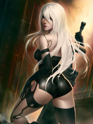 Rule 34 | 1girl, ass, back, black gloves, black thighhighs, elbow gloves, gloves, highres, huge weapon, long hair, looking back, nier (series), nier:automata, silver hair, single thighhigh, smile, solo, sword, themaestronoob, thighhighs, weapon, a2 (nier:automata)