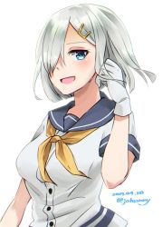 Rule 34 | 1girl, blue eyes, dated, gloves, hair ornament, hair over one eye, hairclip, hamakaze (kancolle), highres, johssnny, kantai collection, looking at viewer, neckerchief, one-hour drawing challenge, school uniform, serafuku, short hair, short sleeves, silver hair, simple background, smile, solo, twitter username, upper body, white background, white gloves, yellow neckerchief