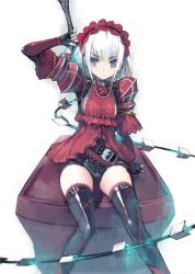 Rule 34 | 10s, 1girl, arm support, arm up, armor, black gloves, black thighhighs, chaika bogdan, earrings, eyebrows, fingerless gloves, flower, gloves, hairband, hitsugi no chaika, jewelry, lolita hairband, long legs, looking at viewer, namaniku atk, over shoulder, purple eyes, rose, short hair, short shorts, shorts, sitting, solo, thighhighs, thorns, weapon, weapon over shoulder, whip sword, white hair