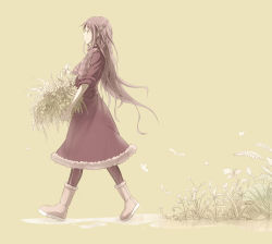 Rule 34 | 1girl, basket, bug, butterfly, carrying, flower, grass, hair flower, hair ornament, insect, long hair, monochrome, original, pantyhose, profile, scarf, sepia, sepia background, simple background, sleeves rolled up, smile, solo, spot color, winter clothes, yohchi