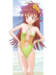 Rule 34 | 1girl, bare legs, bracelet, breasts, brown eyes, brown hair, casual one-piece swimsuit, cleavage, closed mouth, collarbone, floral print, flower, green one-piece swimsuit, hair flower, hair ornament, hair ribbon, highres, jewelry, long hair, looking down, mahou shoujo madoka magica, marutaya, one-piece swimsuit, print swimsuit, purple ribbon, ribbon, sakura kyoko, small breasts, smile, solo, standing, swimsuit, thigh gap, very long hair, yellow flower