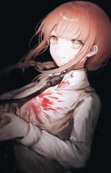 Rule 34 | 1girl, black background, black necktie, blood, blood on clothes, blood on face, braid, braided ponytail, breasts, chainsaw man, closed mouth, collared shirt, commentary, dress shirt, eyelashes, floating hair, long sleeves, looking at viewer, makima (chainsaw man), medium breasts, necktie, noyu (noyu23386566), own hands together, red hair, ringed eyes, shirt, simple background, smile, solo, upper body, white shirt, wing collar, yellow eyes