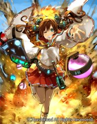 Rule 34 | 1girl, bag, battle maiden touka, brown hair, cardfight!! vanguard, company name, explosive, fire, green eyes, grenade, i-la, long hair, miniskirt, official art, one eye closed, skirt, solo, teeth, twintails