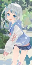 Rule 34 | 1girl, alternate costume, bandaid, bandaid on knee, bandaid on leg, blue bow, blue bowtie, blue eyes, blue hair, blue hoodie, blue nails, blue skirt, bow, bowtie, bush, fins, fish tail, gawr gura, hair ornament, heart pendant, highres, hololive, hololive english, holomyth, hood, hood down, hoodie, koyo2023, long hair, long sleeves, looking at viewer, medium hair, miniskirt, multicolored hair, nail polish, no nose, open mouth, outdoors, panties, pantyshot, pleated skirt, rabbit hair ornament, shark tail, sharp teeth, side ponytail, sidelocks, skirt, sleeves past wrists, smile, solo, streaked hair, tail, teeth, thigh focus, thighs, tree, two-tone hoodie, underwear, upper teeth only, very long hair, virtual youtuber, white panties