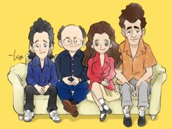 Rule 34 | 1girl, 3boys, animification, bald, black hair, black pants, black shirt, blouse, blue eyes, brown eyes, brown footwear, brown hair, cosmo kramer, couch, dress, dress shirt, elaine benes, george costanza, glasses, grey pants, jacket, jerry seinfeld, jerry seinfield, long hair, looking at viewer, multiple boys, orange shirt, pants, red jacket, seinfeld, shirt, shoes, short hair, sideburns, signature, simple background, sitting, sneakers, takeuchi kou, watch, wristwatch, yellow background, yellow dress
