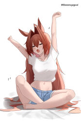 Rule 34 | 1girl, absurdres, alternate costume, animal ears, arms up, baozouyeguai, barefoot, breasts, closed eyes, commentary, crossed legs, daiwa scarlet (umamusume), denim, denim shorts, facing viewer, fang, hair between eyes, hair intakes, highres, horse girl, indian style, large breasts, midriff, navel, open mouth, red hair, shirt, short sleeves, shorts, simple background, sitting, skin fang, solo, twitter username, umamusume, waking up, white background, white shirt, yawning