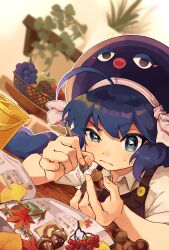 Rule 34 | 1girl, acorn, alternate costume, apple, apron, arts and crafts, autumn leaves, blue eyes, blue hair, blurry, blurry background, blush, book, brown apron, bucket, closed mouth, collared shirt, commentary request, dutch angle, eel hat, elbows on table, food, frown, fruit, fruit basket, ginkgo leaf, grapes, green apple, highres, holding, holding acorn, holding paintbrush, holly, indoors, leaf, leaning forward, long hair, looking at object, maple leaf, oak leaf, open book, orange (fruit), otomachi una, otomachi una (spicy), otomachi una (sugar), paintbrush, painting (action), plant, potted plant, raised eyebrow, shirt, sleeves rolled up, solo, sweatdrop, tomizu, uneven eyes, vocaloid, white shirt