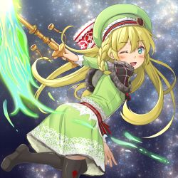 Rule 34 | 1girl, ass, black capelet, black thighhighs, blonde hair, blue eyes, blush, braid, candelabra, candlestand, capelet, commentary request, dress, flat chest, foot out of frame, fur capelet, green dress, green hat, hair between eyes, hat, highres, holding, kitsunerider, long hair, looking at viewer, looking back, mob cap, one eye closed, open mouth, plaid capelet, rin (wonderland wars), side braid, smile, solo, star (symbol), starry background, thighhighs, wonderland wars
