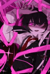 Rule 34 | 1boy, arms up, black hair, black vest, blush, collared shirt, e.g.o (project moon), highres, lemonail, limbus company, long sleeves, looking at viewer, necktie, open mouth, pink eyes, pink ribbon, pink shoes (project moon), project moon, red necktie, ribbon, shirt, smile, solo, sweat, vest, white shirt, yi sang (project moon)