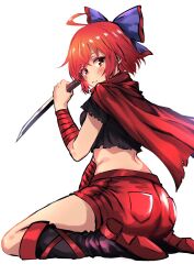Rule 34 | 1girl, arm ribbon, black footwear, bow, cape, full body, hair bow, highres, holding, holding weapon, kneeling, looking at viewer, looking back, puffy short sleeves, puffy sleeves, purple bow, red cape, red eyes, red hair, red ribbon, red shorts, ribbon, sekibanki, sen (daydream 53), short hair, short sleeves, shorts, simple background, solo, touhou, weapon, white background