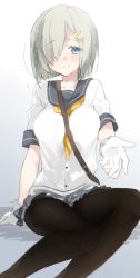 Rule 34 | 10s, 1girl, black pantyhose, blue eyes, breasts, commentary request, gloves, hair ornament, hair over one eye, hairclip, hamakaze (kancolle), kantai collection, large breasts, miniskirt, pantyhose, reaching, reaching towards viewer, school uniform, serafuku, short hair, silver hair, sino (sionori), sitting, skirt, smile, solo, uniform