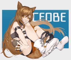 Rule 34 | 1girl, animal ears, arknights, armband, black collar, black shirt, black shorts, boots, brown eyes, brown hair, ceobe (arknights), ceobe (summer flowers) (arknights), character name, collar, commentary, dog ears, dog girl, dog tail, full body, highres, knees up, long hair, looking at viewer, official alternate costume, outstretched hand, shirt, shorts, smile, solo, symbol-only commentary, tail, tamako (tmc dr), white footwear