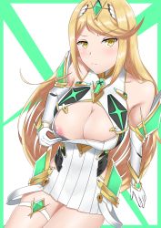 Rule 34 | 1girl, absurdres, bare shoulders, blonde hair, blush, breasts, breasts out, cleavage, cleavage cutout, clothing cutout, highres, large breasts, long hair, looking at viewer, mythra (xenoblade), nintendo, nipples, solo, theakingu, xenoblade chronicles (series), xenoblade chronicles 2, yellow eyes