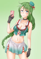 Rule 34 | 1girl, anti (untea9), bare shoulders, black gloves, blue eyes, blush, braid, breasts, cellphone, cleavage, closed mouth, commentary request, cosplay, cropped shirt, gloves, gradient background, green background, green hair, green hat, green shirt, hair between eyes, hat, highres, holding, kantai collection, long hair, maya (kancolle), maya (kancolle) (cosplay), medium breasts, midriff, mini hat, mole, mole under mouth, navel, phone, pleated skirt, school uniform, serafuku, shirt, skirt, sleeveless, solo, stomach, sweatdrop, uniform, very long hair, white skirt, yuugumo (kancolle)