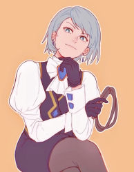 Rule 34 | 1girl, ace attorney, black gloves, black pantyhose, black skirt, blue eyes, blue gemstone, blue hair, bob cut, bow, closed mouth, cowboy shot, crossed legs, earrings, formal, franziska von karma, gem, gloves, holding, holding whip, invisible chair, jewelry, juliet sleeves, long sleeves, looking at viewer, miniskirt, mole, mole under eye, orange background, pantyhose, pencil skirt, puffy sleeves, raionn1008, shirt, short hair, simple background, sitting, skirt, smile, solo, swept bangs, vest, whip, white shirt