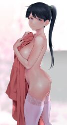 Rule 34 | 1girl, absurdres, alternate breast size, ass, black hair, blue eyes, blue hair, breasts, closed mouth, covering privates, grey eyes, highres, holding, holding clothes, houshou (kancolle), japanese clothes, kantai collection, kimono, large breasts, light smile, long hair, looking at viewer, nude, nude cover, pink kimono, ponytail, sideboob, solo, thighhighs, thighs, topless, wa (genryusui), white background, white thighhighs