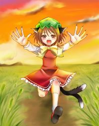 Rule 34 | 1girl, animal ears, brown hair, cat ears, cat girl, cat tail, chen, earrings, fang, female focus, full body, hat, jewelry, multiple tails, nature, outdoors, plant, short hair, skirt, sky, solo, tail, takamoto akisa, touhou