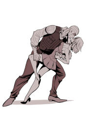 Rule 34 | 1boy, 1girl, bandaged hand, bandaged head, bandages, belt, black vest, blonde hair, breasts, collared shirt, courier (fallout new vegas), dancing, dress, fallout (series), fallout new vegas, hand around neck, hand on another&#039;s back, hand on another&#039;s leg, high heels, holding another&#039;s leg, joshua graham, leaning back, looking at another, medium breasts, police, police uniform, scar, scar on face, shirt, simple background, uniform, vest, white background, yukiyanagi