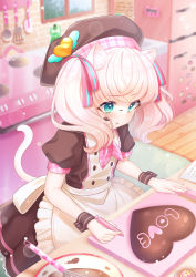 Rule 34 | 1girl, absurdres, animal ear fluff, animal ears, apron, beret, blonde hair, blue eyes, blush, bowl, candy, cat ears, cat girl, cat tail, chocolate, chocolate heart, chocolate on face, cooking, cutting board, dress, food, food on face, frilled apron, frills, hair ribbon, hat, hat ornament, heart, heart hat ornament, highres, holding, icing, indoors, kitchen, lace, lace-trimmed dress, lace trim, long hair, looking down, lushuao, magnet, neckerchief, open mouth, original, oven, paper, plaid, puffy short sleeves, puffy sleeves, recipe (object), refrigerator, refrigerator magnet, ribbon, short sleeves, soap bottle, solo, sparkle, spatula, sprinkles, stove, striped ribbon, tail, twintails, valentine, waist apron, whisk, window, winged heart, wrist cuffs