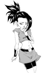 Rule 34 | 1girl, bike shorts, breasts, cowboy shot, cropped shirt, dragon ball, dragon ball super, earrings, fenyon, greyscale, half-closed eyes, high ponytail, highres, jewelry, kale (dragon ball), lipstick, makeup, medium breasts, midriff, monochrome, navel, parted lips, ponytail, skirt, solo
