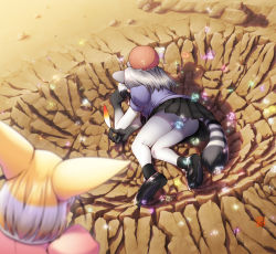 Rule 34 | 10s, 2girls, animal ears, ass, black footwear, black hair, black skirt, blonde hair, blouse, blurry, blurry foreground, bodystocking, common raccoon (kemono friends), day, depth of field, dragon ball, dragonball z, extra ears, feathers, fennec (kemono friends), fox ears, grey hair, head bump, holding, holding feather, kemono friends, lying, meme, muchousha, multicolored hair, multiple girls, on side, outdoors, pantyhose, parody, paw print, paw print soles, puffy short sleeves, puffy sleeves, raccoon ears, raccoon tail, shirt, shoes, short hair, short sleeves, skirt, soles, solo focus, striped tail, tail, white hair, yamcha pose (meme)