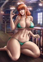 Rule 34 | 1girl, bikini, breasts, cameltoe, cleavage, flowerxl, green bikini, huge breasts, lips, nami (one piece), one piece, swimsuit, tagme, tattoo, thick thighs, thighs, toei animation, underboob