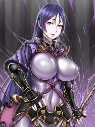 Rule 34 | 1girl, arm guards, black gloves, blush, bodysuit, breasts, commentary request, covered navel, electricity, fate/grand order, fate (series), fingerless gloves, gloves, holding, holding sword, holding weapon, katana, large breasts, long hair, looking at viewer, minamoto no raikou (fate), nattapuumuu, open mouth, parted bangs, purple bodysuit, purple eyes, purple hair, ribbed sleeves, rope, smile, solo, sword, very long hair, weapon