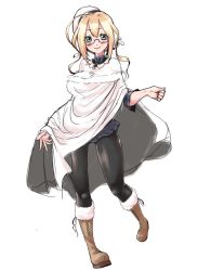 Rule 34 | 1girl, beret, black pantyhose, blonde hair, blush, boots, capelet, closed mouth, commentary request, eyelashes, full body, fur-trimmed boots, fur-trimmed capelet, fur trim, glasses, green eyes, hat, i-8 (kancolle), kantai collection, lips, long hair, looking at viewer, low twintails, miniskirt, owju (ouju), pantyhose, ribbon, robe, simple background, skirt, smile, solo, thighs, twintails, white background, white hat, white ribbon, white robe