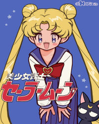 1girl artist_name bishoujo_senshi_sailor_moon black_cat blonde_hair blue_background blue_eyes blue_sailor_collar blue_skirt blush_stickers bow bowtie cat collarbone copyright_name crescent crescent_facial_mark double_bun facial_mark forehead_mark hair_bun highres juuban_middle_school_uniform leaning_forward long_hair looking_at_viewer luna_(sailor_moon) norixio open_mouth red_bow red_bowtie sailor_collar sailor_moon school_uniform serafuku shirt skirt twintails very_long_hair whiskers white_shirt