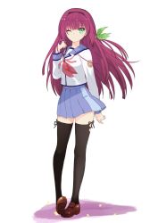 Rule 34 | 1girl, alternate hair length, alternate hairstyle, angel beats!, asami yuriko, black thighhighs, blue sailor collar, blue skirt, bow, brown footwear, commentary request, full body, green eyes, hair bow, hairband, highres, loafers, long hair, neckerchief, one eye closed, pleated skirt, purple hair, red neckerchief, sailor collar, school uniform, serafuku, shinda sekai sensen uniform, shoes, simple background, skirt, solo, standing, thighhighs, white background, nakamura yuri