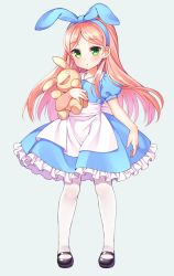 Rule 34 | 1girl, alice (alice in wonderland), alice (alice in wonderland) (cosplay), alice in wonderland, alicia (pop&#039;n music), apron, blue dress, child, cosplay, dress, green eyes, hug, long hair, mary janes, name connection, pantyhose, pink hair, pop&#039;n music, ribbon, shoes, shouni (sato3), solo, stuffed toy, white pantyhose