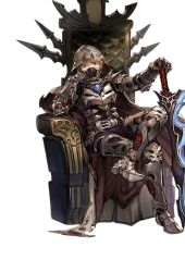Rule 34 | 10s, 1boy, alpha transparency, armor, brown hair, cape, chaos ruler (granblue fantasy), head rest, full body, gran (granblue fantasy), granblue fantasy, hood, crossed legs, looking at viewer, male focus, mask, minaba hideo, official art, short hair, sitting, solo, sword, throne, transparent background, weapon, wide-eyed