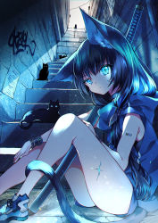 Rule 34 | 07touka25, absurdres, animal ear fluff, animal ears, barcode, barcode tattoo, bare legs, black hair, blue eyes, cat, cat ears, cat girl, cat tail, choker, closed mouth, expressionless, glowing, glowing eyes, graffiti, hair ornament, highres, hood, hoodie, katana, knees up, long hair, multiple cats, sheath, sheathed, shoes, shorts, sitting, sleeveless, stairs, sword, tail, tail around own leg, tattoo, thighs, weapon, wristband