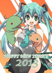 Rule 34 | 10s, 1girl, 2013, :d, absurdres, aqua hair, bad id, bad pixiv id, chinese zodiac, green eyes, hand puppet, happy new year, hatsune miku, headphones, highres, izumu, long hair, necktie, new year, open mouth, puppet, sitting, skirt, smile, snake, snake (chinese zodiac), solo, striped, striped background, thighhighs, twintails, vocaloid